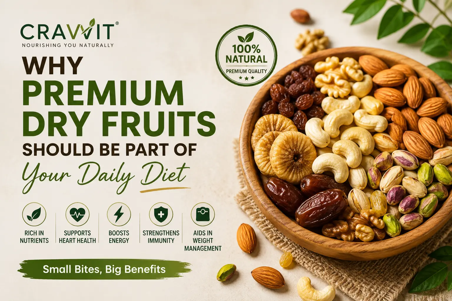 Premium dry fruits including almonds, cashews, pistachios, walnuts, dates, raisins, and figs showcasing the health benefits of daily dry fruit consumption.